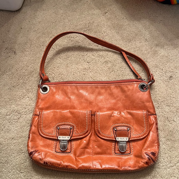 Coach Poppy Tangerine Waxed Leather Distressed Swing Messenger Hobo Bag Purse - Picture 3 of 11